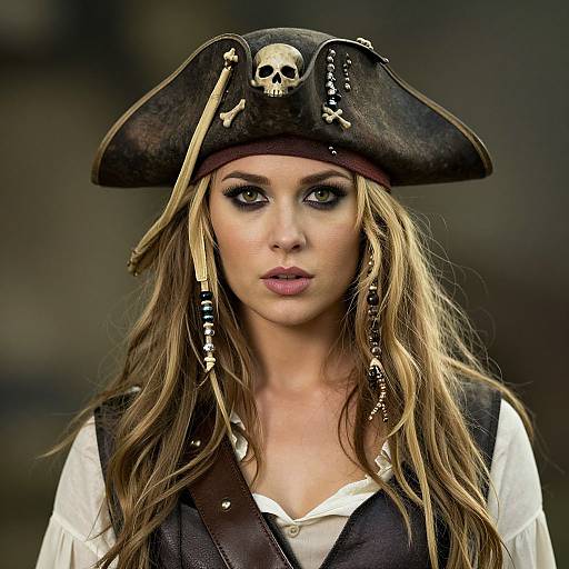 Photograph of a blonde woman with long hair, wearing a pirate hat with a skull and crossbones, black vest, white shirt, intense makeup,