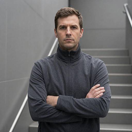 Serious Man in Gray Tiled Hallway
