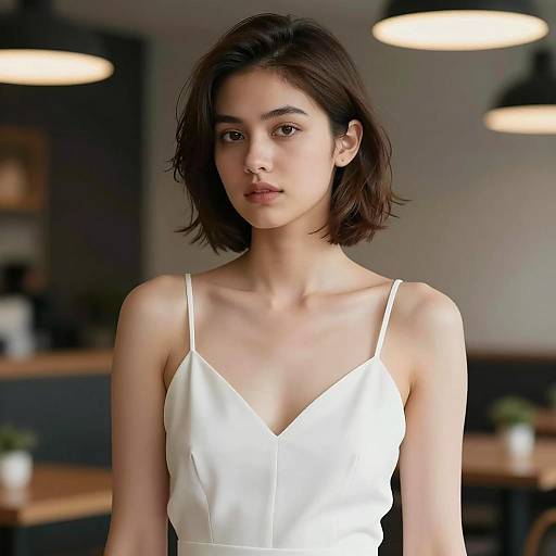 Young Woman in White Spaghetti Strap Dress