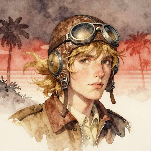 Digital painting of a blonde man with wavy hair, wearing aviator goggles and leather helmet, set against a sunset with palm trees.
