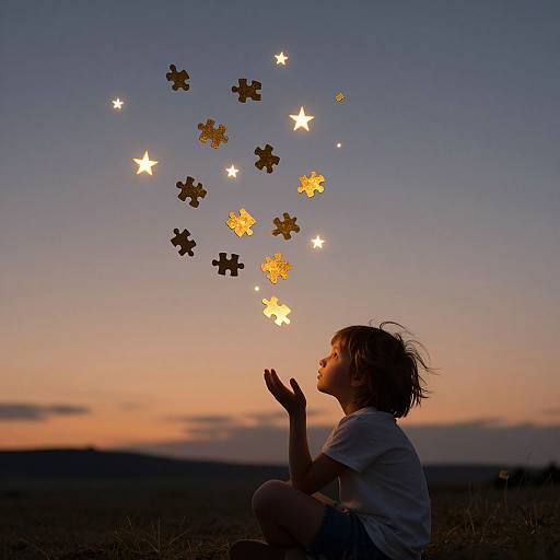 Photograph of a child with messy hair, sitting in a field at sunset, making star-shaped and puzzle-piece lights glow against a purple-orange sky.