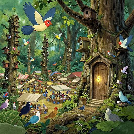 Whimsical forest scene: colorful birds flying around wooden birdhouses and fairy houses, vibrant market stalls with people, enchanted tree door glowing warmly. Digital