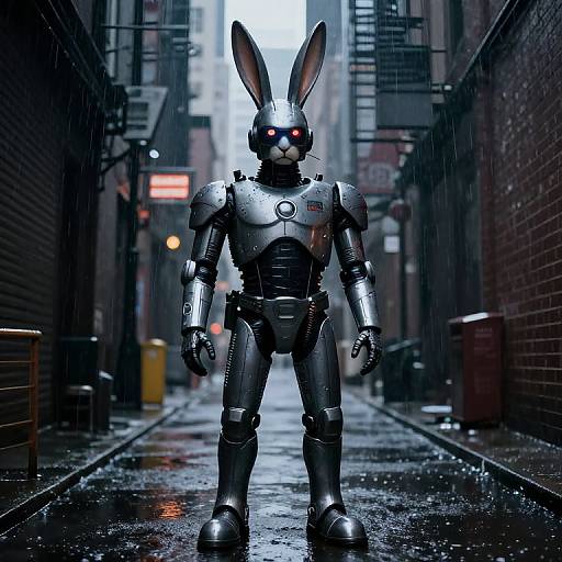 Photorealistic CGI of a silver, robotic rabbit with glowing red eyes standing in a rainy, narrow urban alleyway.