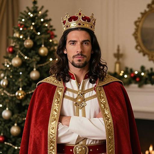 Photograph of a long-haired, bearded man in a red velvet royal robe, gold-trimmed, and gold crown, standing before a decorated