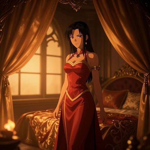 Digital anime-style artwork of a dark-haired woman in a red, gold-trimmed dress standing in a warmly lit, ornate bedroom.