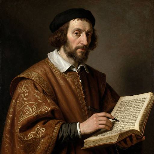 Renaissance-style painting of a bearded man in ornate brown robe, black hat, holding open book with pen, dark background.
