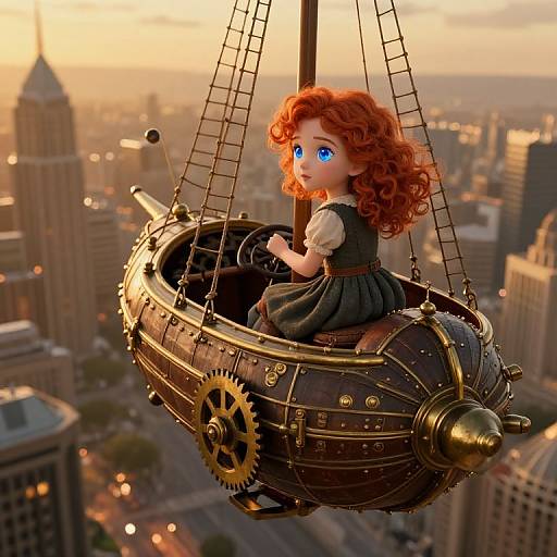 Digital artwork of a curly-haired doll with blue eyes in a steampunk airship above a sunset-lit cityscape, holding a steering wheel.
