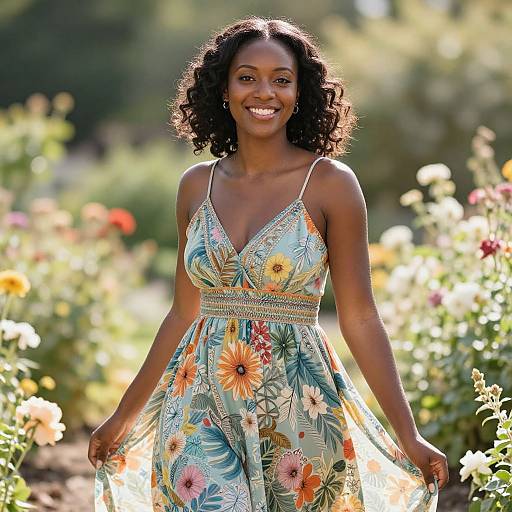 Joyful Black Woman in Sunlit Garden