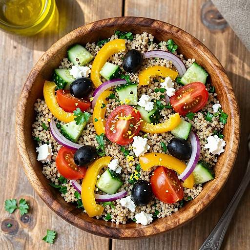 Photograph of vibrant Greek salad in a wooden bowl, featuring cucumines, bell peppers, tomatoes, feta, olives, red onions,