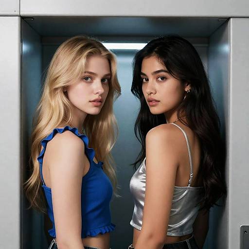 Women in Metallic Compartment with Blue Light