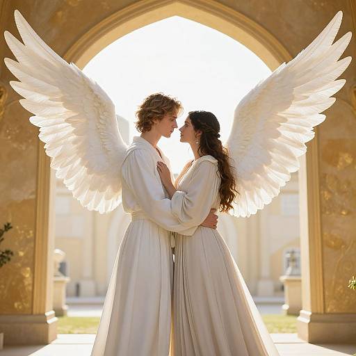 Photograph of two angelic figures with white wings, standing in an arched, golden-hued stone doorway, facing each other intimately, dressed in