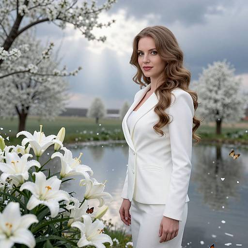 Photograph of a beautiful woman with long brown hair in a white blazer and pants, standing by a pond with blooming white lilies and cherry