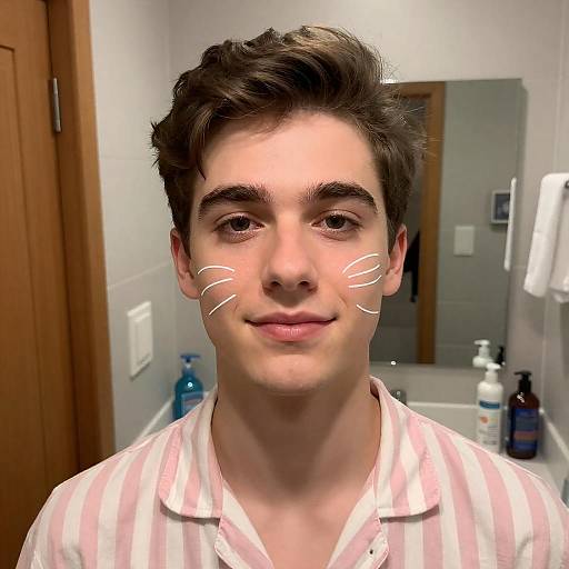 Young Man in Striped Shirt in Bathroom