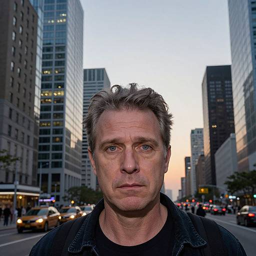 Photograph of middle-aged white man with grey hair, serious expression, wearing black shirt, standing in busy urban street at dusk. Tall buildings and yellow