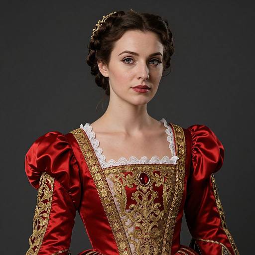 Photograph of a pale-skinned woman with dark hair in an elaborate red and gold Renaissance-style dress with white lace, against a dark gray background.