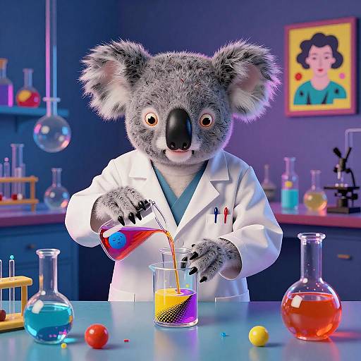 CGI image of a koala in a white lab coat pouring colorful liquids into test tubes in a vibrant, blue-lit lab.
