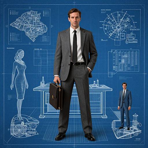 Photograph of a confident, tall, dark-haired man in a grey suit, white shirt, black tie, and holding a briefcase, standing against