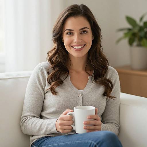 Photograph of a smiling woman with long brown hair, wearing a gray cardigan and blue jeans, holding a white mug, sitting on a white couch