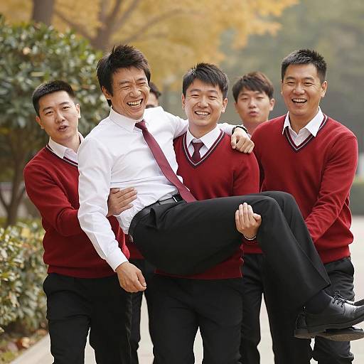 Joyful Group Carrying Laughter in Motion