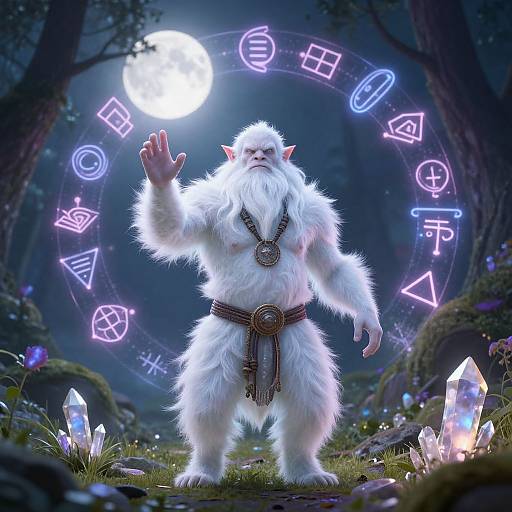 CGI fantasy image of a white-furred, muscular, humanoid creature with red horns, wearing a belt and pendant, casting a spell under a full