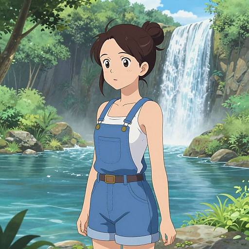 Anime Woman by River Waterfall