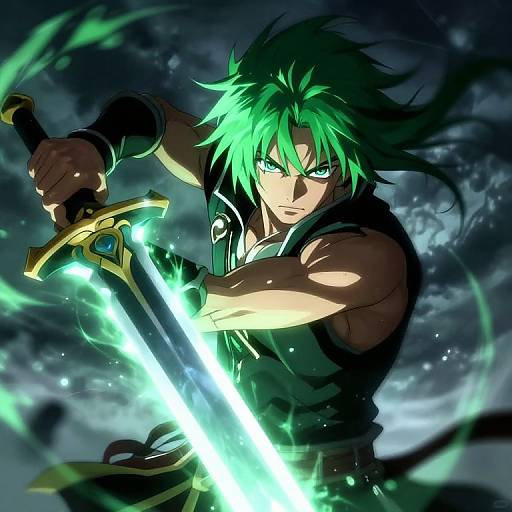 Dynamic anime-style digital artwork of a green-haired, muscular warrior with glowing green eyes and sword, surrounded by swirling energy and dark clouds.