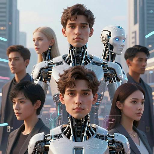 CGI image of six young people, three human, three androids, standing in futuristic cityscape. Central android in front, humans in background,