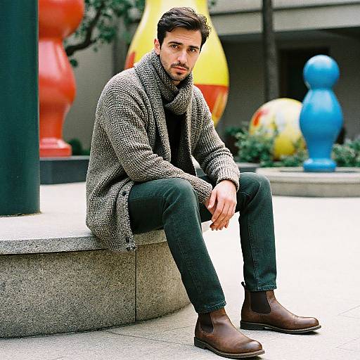 Photograph of a handsome man with dark hair and beard, wearing a gray knit coat, black jeans, and brown boots, sitting on a concrete bench