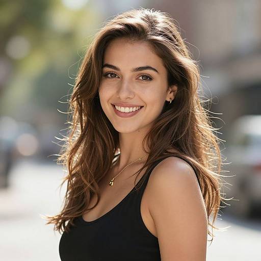 Photograph of a smiling young woman with long brown hair, wearing a black tank top and gold necklace, standing outdoors in sunlight.