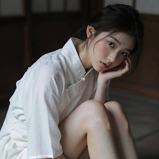 Young Woman in White Ao Dai Sitting Indoors