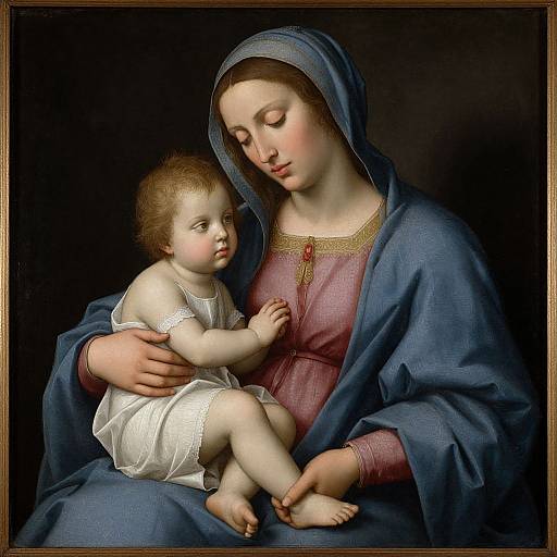 Renaissance painting of a serene Mary with light skin, blue cloak, and pink dress, gently holding a curious baby Jesus in a white lace dress