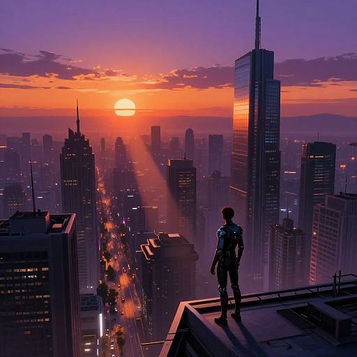 Cyberpunk cityscape at sunset, silhouetted figure standing on rooftop, tall skyscrapers, vibrant orange sky, city lights, digital