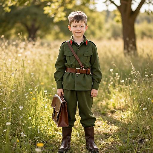 Photograph of a young boy in a green military-style outfit with brown belt and boots, holding a brown leather satchel, standing in a sun