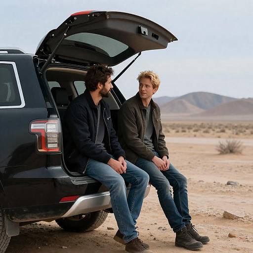 Two Men Sitting on SUV Tailgate in Desert