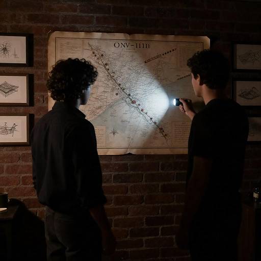 Silhouetted Men Examining Aged Map