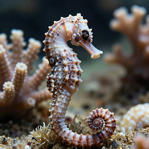Close-up photograph of a brown and white-spotted seahorse with textured body and curled tail, surrounded by coral and seaweed in a dark,