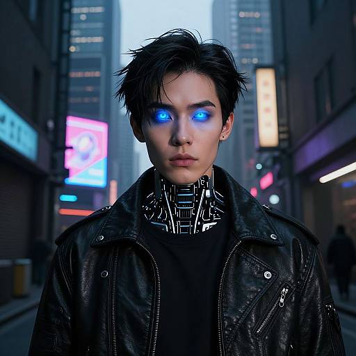 Photorealistic digital art of androgynous person with glowing blue eyes, short black hair, leather jacket, and cyberpunk city street background.