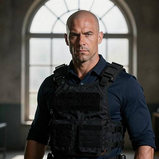 Serious Muscular Man in Dim Room