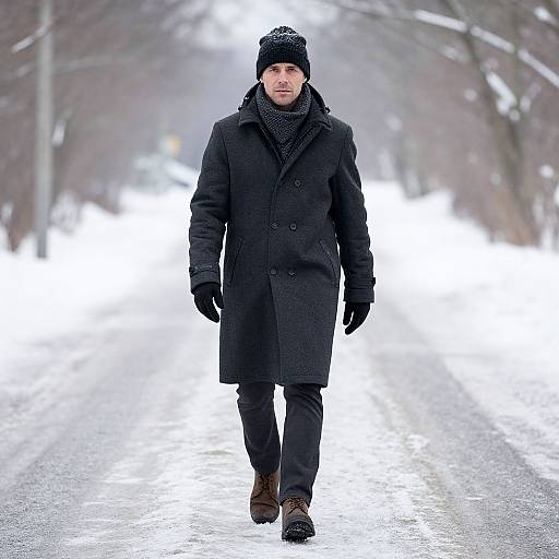 Photograph of a serious Caucasian man in a black coat, beanie, gloves, scarf, and boots walking down a snowy, tree-lined road.