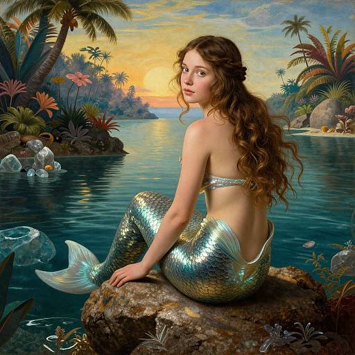 Digital painting of a mermaid with long brown hair, silver scales, and a shiny tail, sitting on a rock at sunset, surrounded by tropical palm