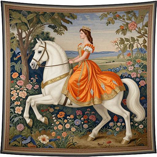 Colorful painting of a fair-skinned woman in an orange, gold-trimmed dress riding a white horse through a vibrant, floral garden.