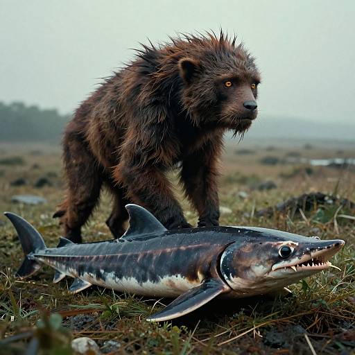 Photograph of a wet, brown, wild-looking bear with sharp eyes standing over a freshly caught, silver and black shark on grassy, rocky terrain