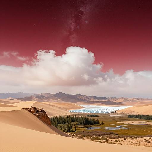 Photograph of a surreal desert landscape with crimson sky, bright white cloud, snow-capped mountains, forested valley, and reflective water.
