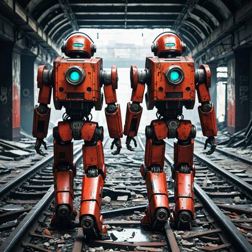 Two Red Scavenger Robots in Abandoned Subway