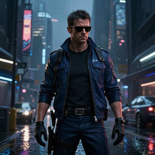 Photograph-style digital artwork of a muscular, dark-haired man in black leather jacket, sunglasses, gloves, and black shirt, standing in a rainy,