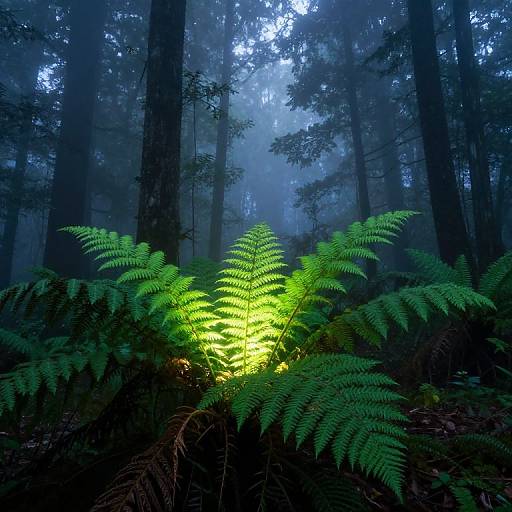 Photograph of a misty forest with tall, dark trees and vibrant, glowing green ferns in the foreground, illuminated by a soft, ethereal