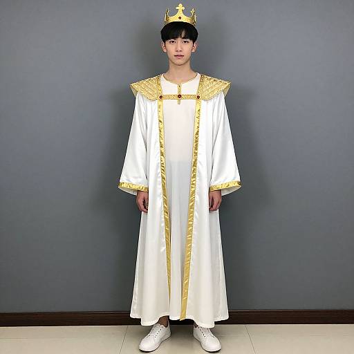 Photograph of an Asian male wearing a white and gold royal robe with crown, standing against a plain grey wall, white sneakers.