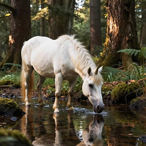 Photograph of a white horse with a creamy mane drinking from a reflective forest stream surrounded by tall trees and lush greenery.