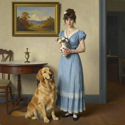 Photograph of a fair-skinned woman in a blue Victorian dress holding a bouquet, standing beside a golden retriever in a warmly lit, vintage room