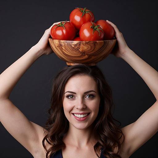 Photograph of a smiling woman with dark brown hair, holding a wooden bowl of vibrant red tomatoes above her head against a black background.